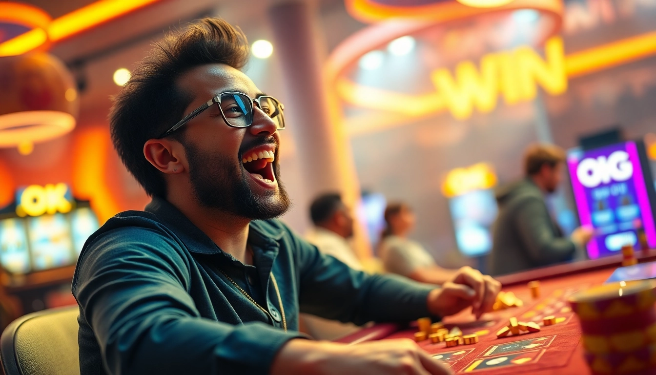 Celebrate an OK win with a joyful player at a gaming table, showcasing excitement and victory.