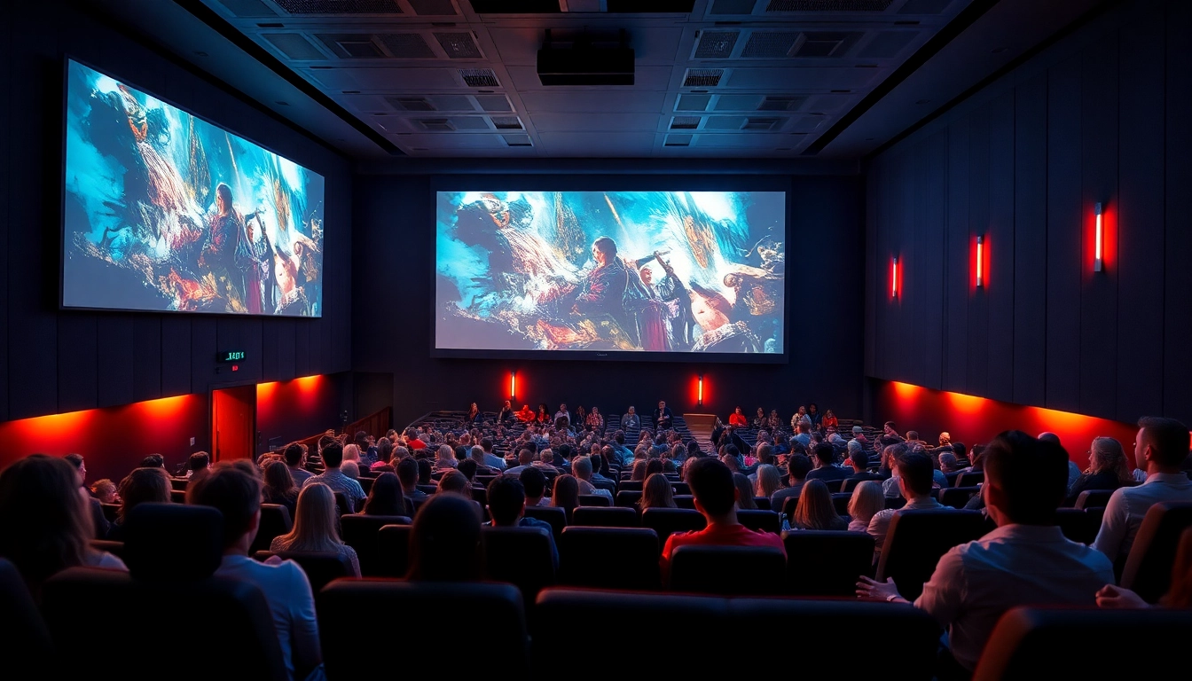 Experience movie reviews and ratings with a lively theater atmosphere, showcasing an engaging film-viewing moment.