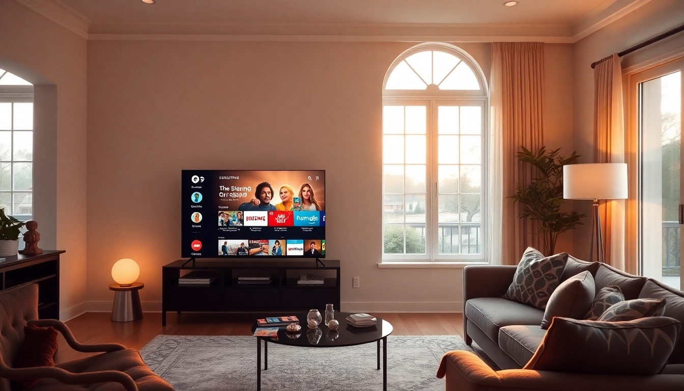 Watch iptv suisse on a stylish TV in a cozy living room setting with soft lighting.