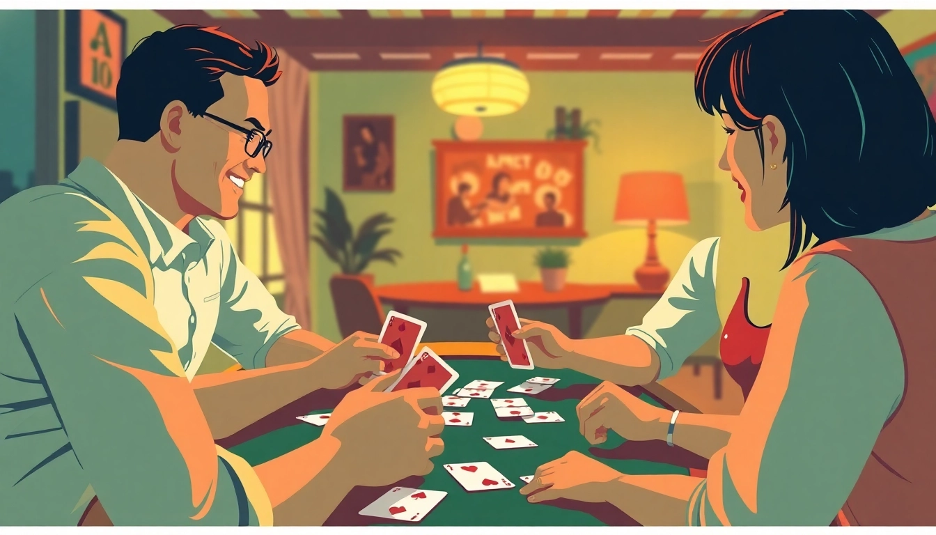 Engaged players enjoying rummy wealth game with excitement, showcasing vibrant cards and warm ambiance.