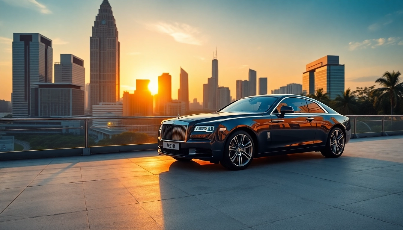 Engage with a cheap car rental with driver Kuala Lumpur, featuring a luxurious vehicle against a vibrant sunset backdrop.