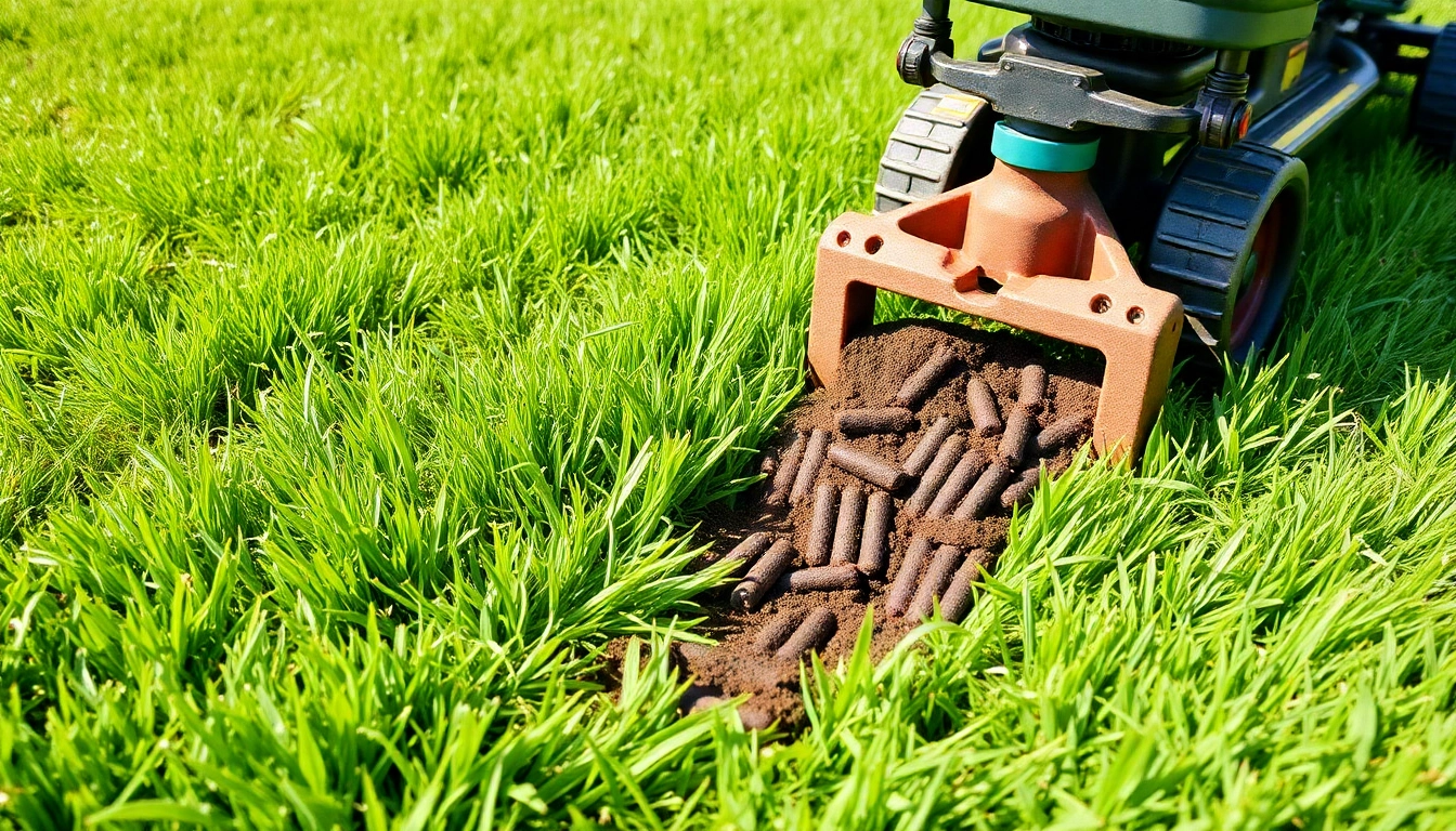 Core aeration in process, demonstrating plugs of soil being extracted from a healthy lawn for improved growth.