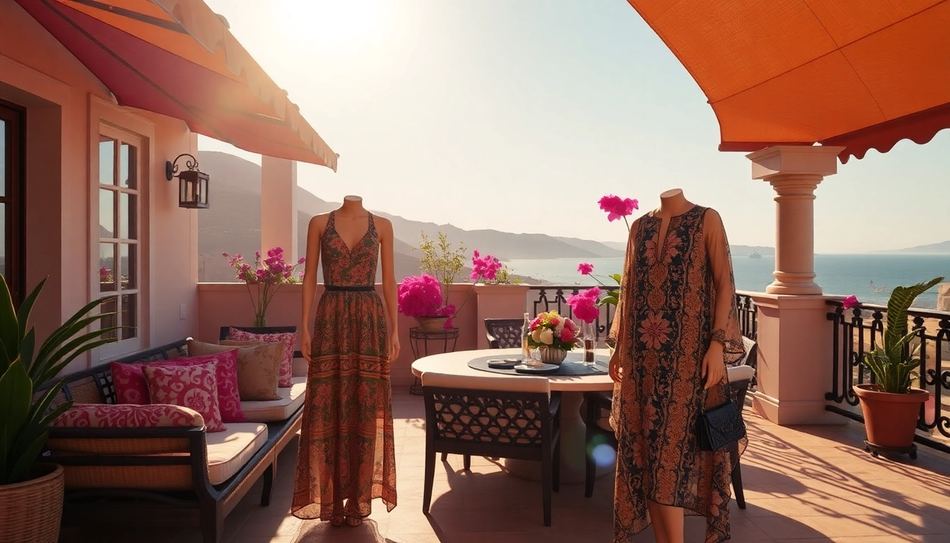 Shop Soleil Dor's elegant, high-quality fashion collection displayed beautifully on a sunlit terrace.