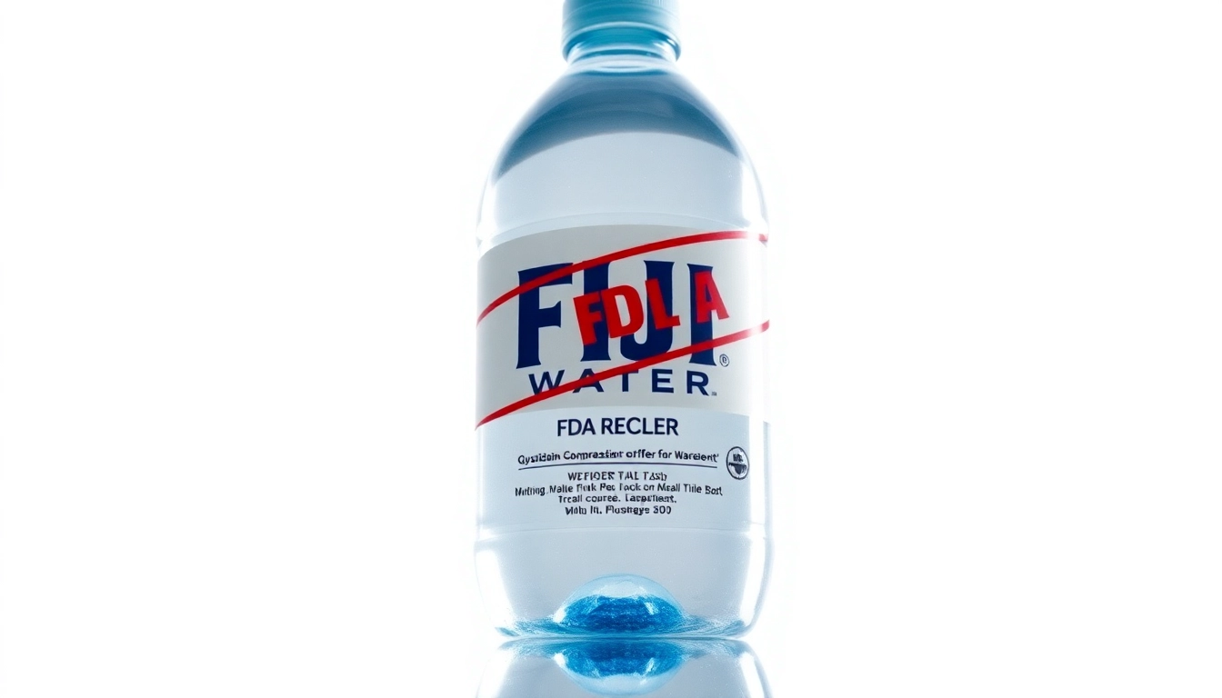 Highlight the FDA recalls Fiji water issue with a bottle prominently featuring a recall notice.