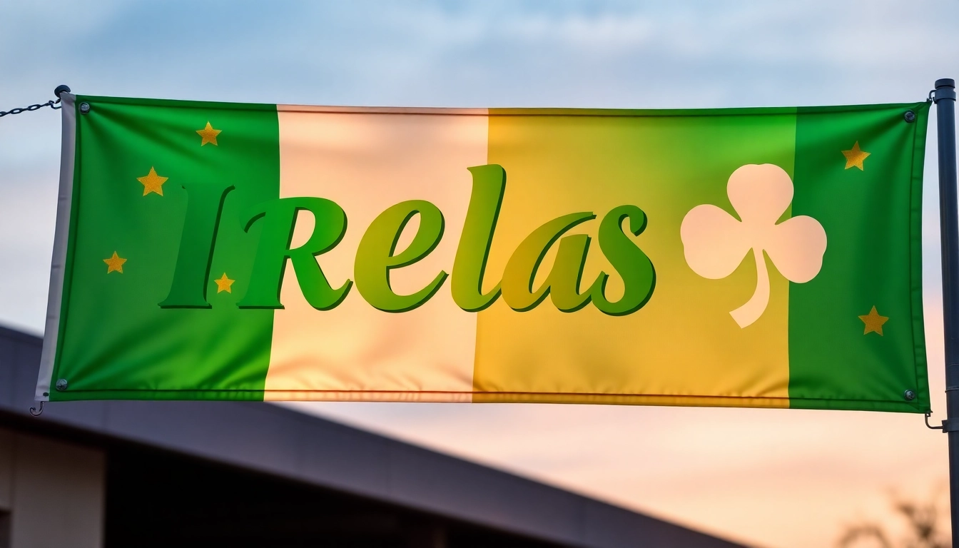 Create a celebratory banner ireland design showcasing the Irish flag amidst a festive atmosphere, perfect for events.