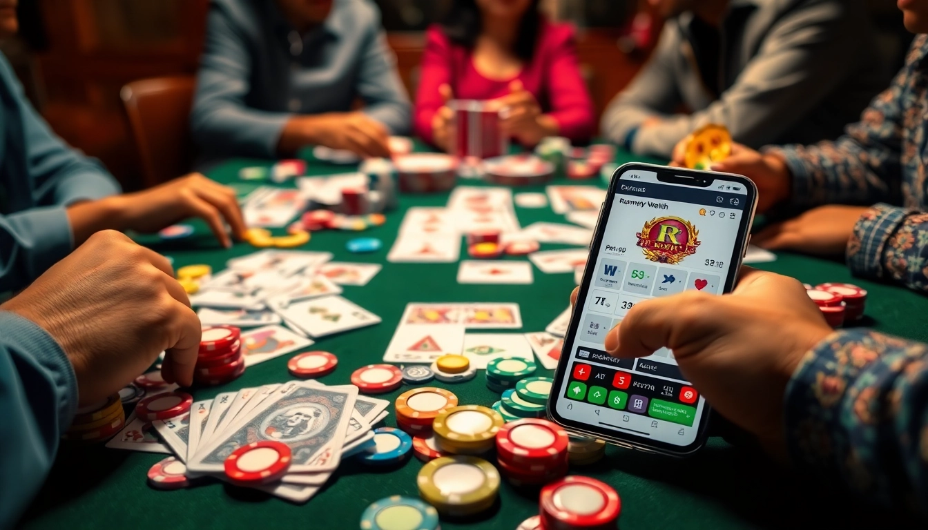 Engage with rummy wealth through an exciting game setup of colorful cards and chips.