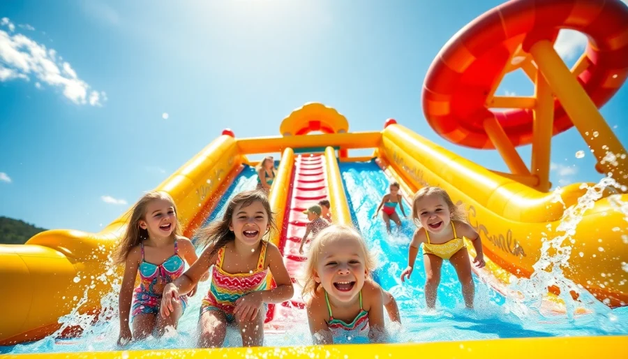 Excited children sliding down a bright water slide rental, creating splashes of water and joy.