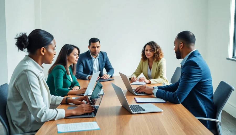 Business professionals discussing outsourcing strategies during a collaborative meeting.