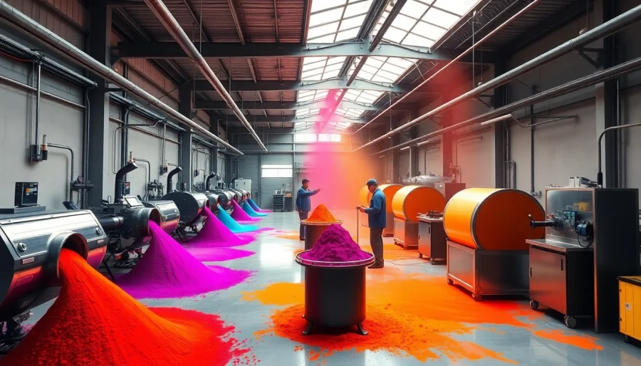 Powder coating process showcasing vibrant colored powders applied to metal components in a modern facility.