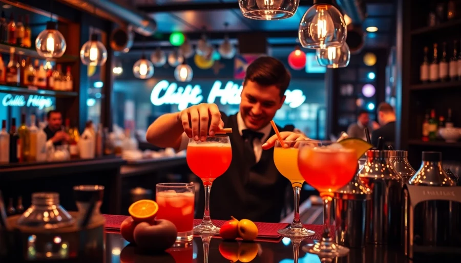 Experience the excitement of a cocktail kurs berlin with a skilled bartender mixing vibrant cocktails in a lively bar.