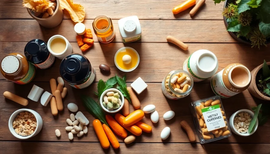 Showcase diverse dietary supplements promoting health and wellness on a wooden table.