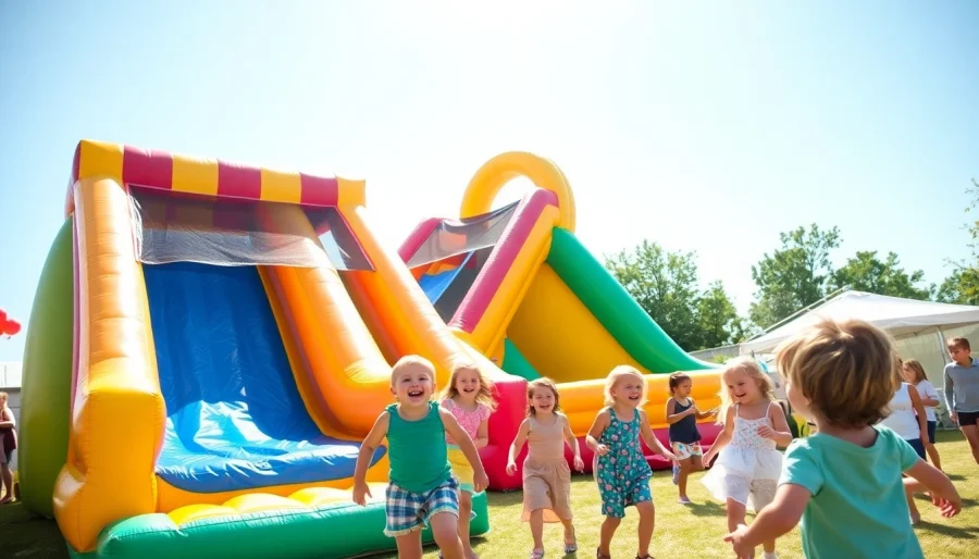 Kids enjoying a Slide rental on a sunny day, creating a joyful atmosphere at an outdoor party.