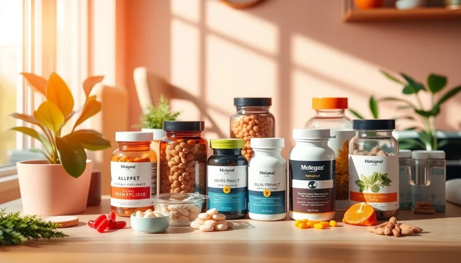 Highlight dietary supplements in colorful containers arranged on a natural wooden table.