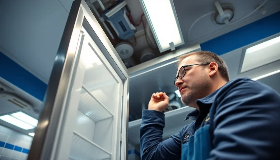 Skilled technician performing walk in freezer repair in a commercial kitchen, ensuring optimal operation.