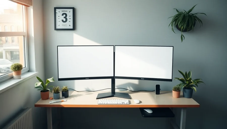 Set up a dual monitor install showcasing a modern workspace with organized tech accessories.