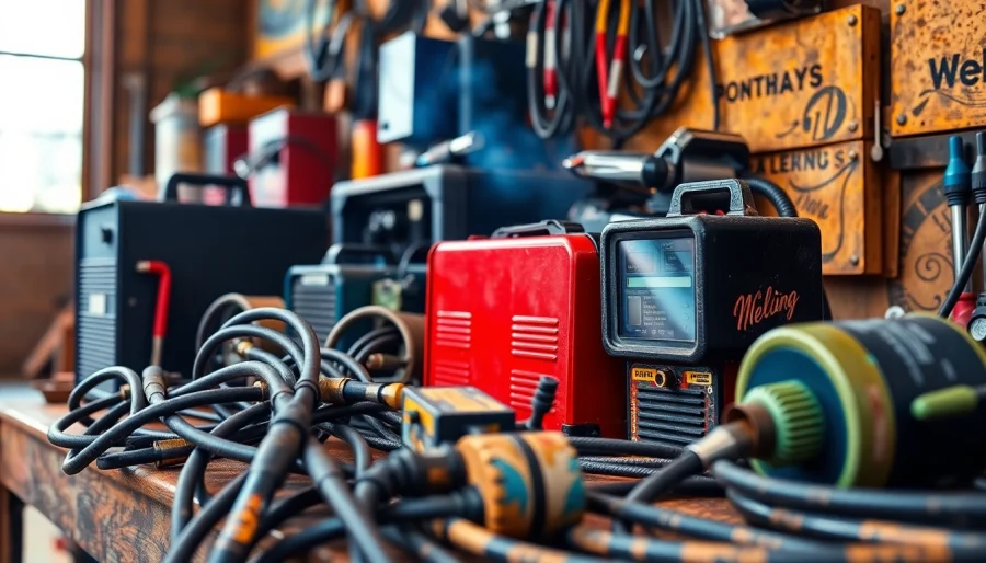 Shop premium welding supplies including MIG and TIG tools prominently displayed in an industrial workshop.