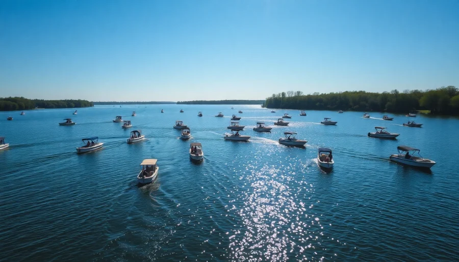 Families enjoying leisure activities on different lake boats under a bright blue sky.