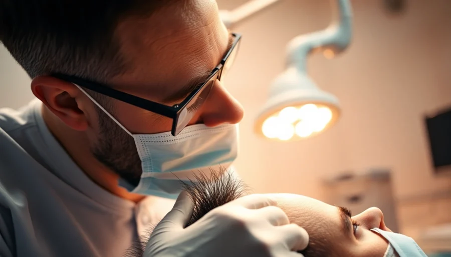 Doctor performing a hair transplant procedure with precision in a well-lit clinic.