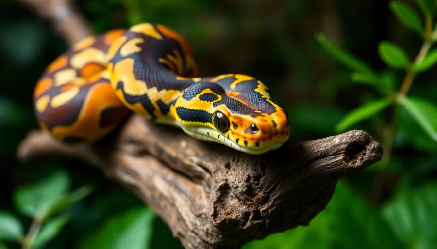 Gorgeous Volta ball python for sale​ showcasing vibrant patterns on a natural perch among greenery.