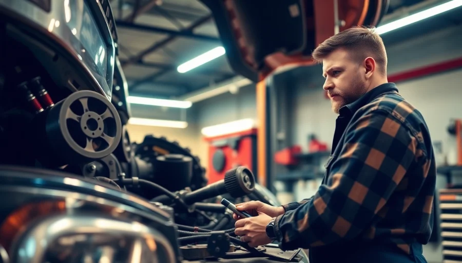 Mechanic performing affordable truck repair in a bright, well-equipped garage.