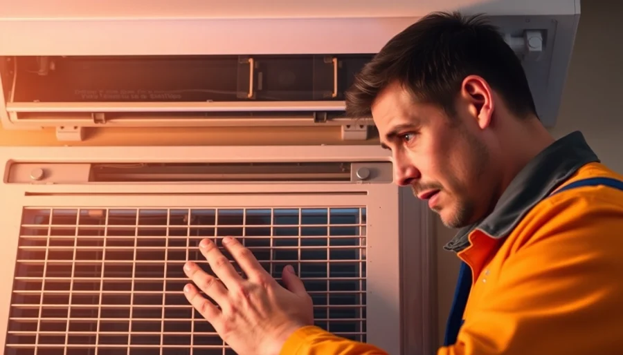 Technician troubleshooting an AC blowing but not cold air, focusing on air conditioning unit.