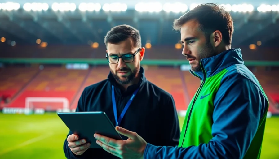 วิเคราะห์บอล data analysis on a tablet amidst a vibrant sports setting.