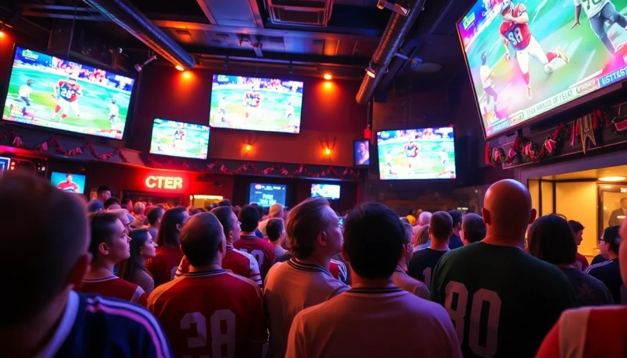 Excited fans enjoying a live football match at a sports bar while using the เว็บดูบอล platform for seamless viewing.