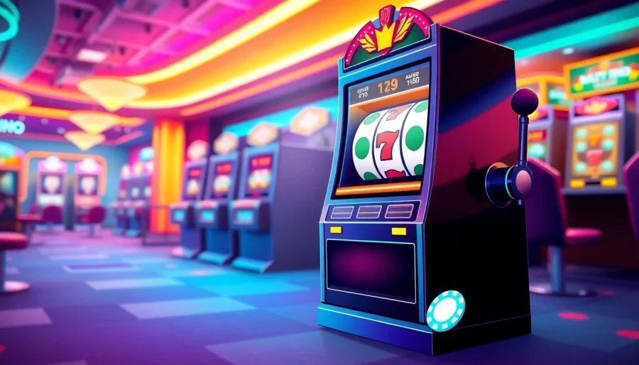 Spin the slot machine with colorful lights and casino accessories for an exciting gaming experience.