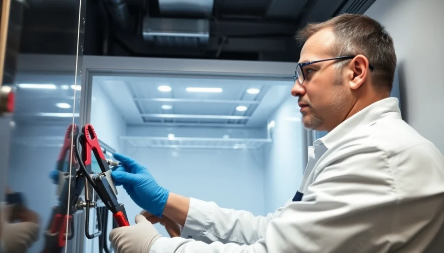 Technician performing walk in freezer repair, showcasing expert handling of cooling mechanisms.