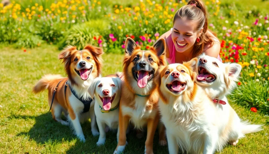 A groomer from Kate's K9 Pet Care playing with adorable dogs in a sunny park setting.