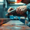 Craftsman utilizing a needle gun for effective rust removal from metal surfaces in an industrial environment.