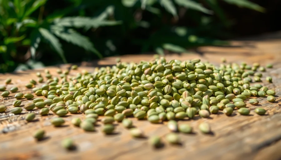 Inspect high-quality marijuana seeds on a rustic table, highlighting their vibrant textures and colors.