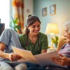 Friendly caregiver assisting with pflegeberatung köln in a warm home environment.