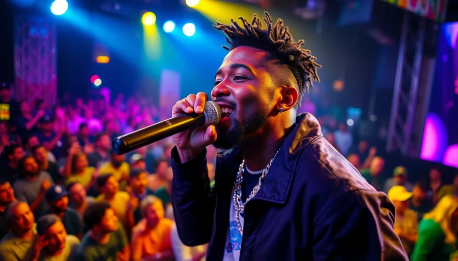 Ycee captivating the audience with an energetic performance on stage, showcasing his unique style.