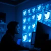 Detecting a facebook hacker through intense computer investigation in a dimly lit setting.