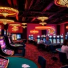 Engage in thrilling online casinos with colorful gaming tables featuring slots and blackjack.