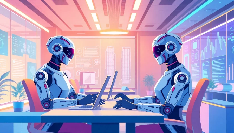 AI marketing agents interact with human marketers in a modern office setting, showcasing collaboration and innovation.