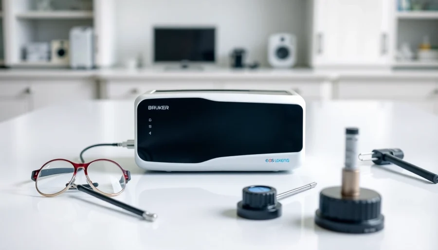Analyzing materials with the Bruker EOS 500 Handheld LIBS Analyzer on a laboratory table.