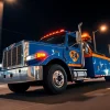 A 24-hour towing Tampa service in action, showcasing a tow truck ready for quick response with streetlights reflecting on it.