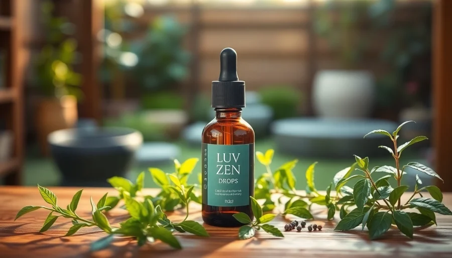 Promote relaxation with LUV Zen Drops displayed elegantly amid calming herbal plants.