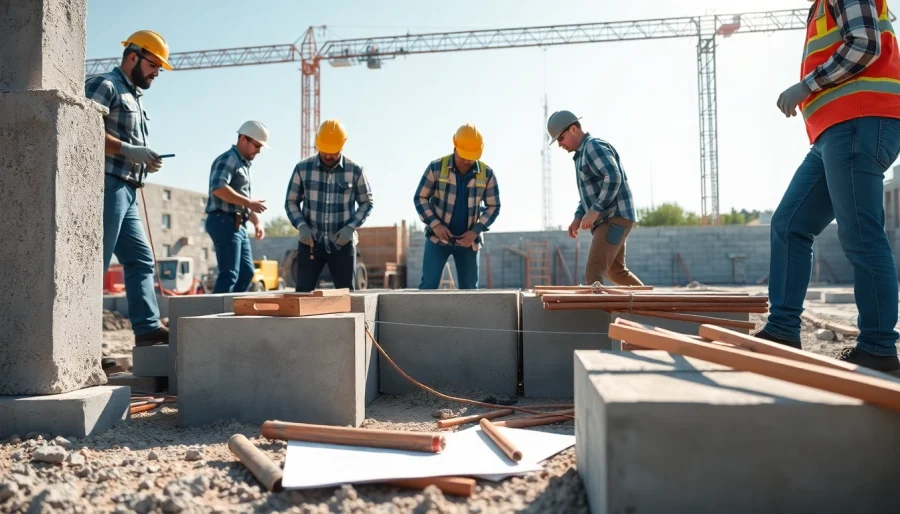 Constructing footing and block walls with skilled workers in a vibrant outdoor setting.