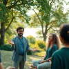 Mindfulness Coach UK leading a group meditation session outdoors in a tranquil nature setting.