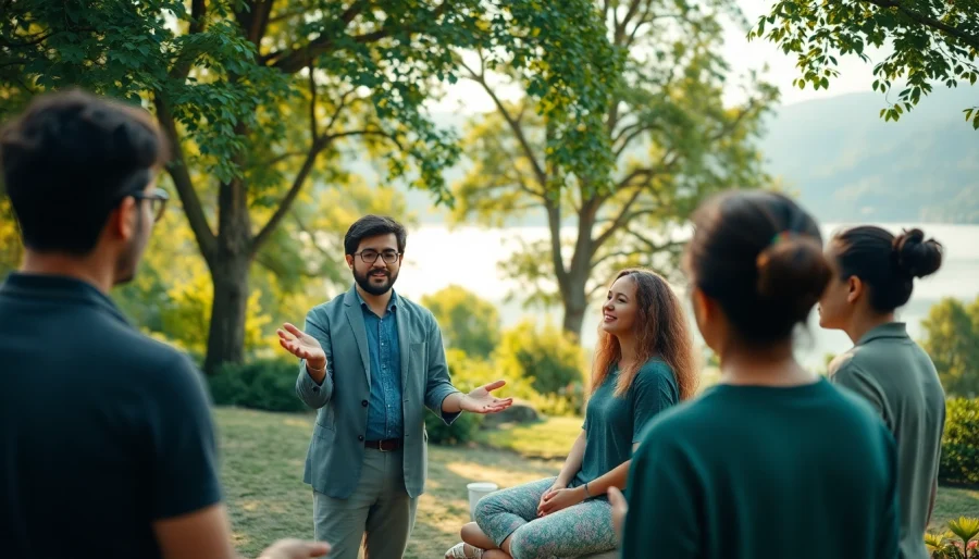 Mindfulness Coach UK leading a group meditation session outdoors in a tranquil nature setting.