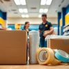 Showcasing Packaging materials at a UPS Store with friendly assistance in a bright setting.