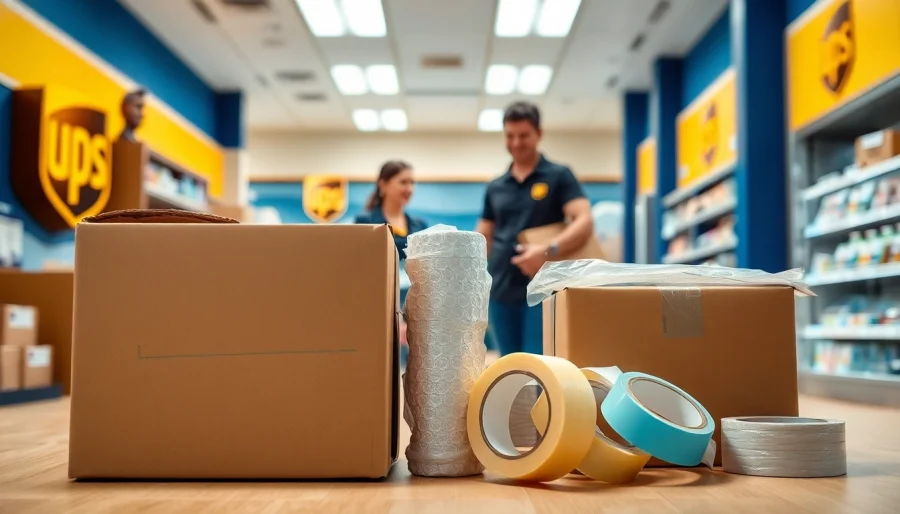 Showcasing Packaging materials at a UPS Store with friendly assistance in a bright setting.