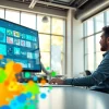 Utilizing AI design solutions, a graphic designer collaborates with technology in a modern workspace.