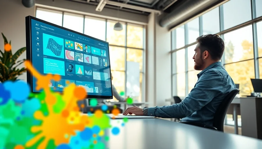 Utilizing AI design solutions, a graphic designer collaborates with technology in a modern workspace.