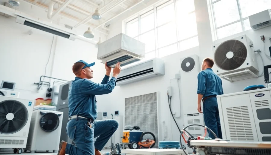 Skilled hvac dealers installing a high-efficiency air conditioning unit in a modern setting.