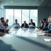 Engaged diplomats negotiating trade agreements in a bright conference room.