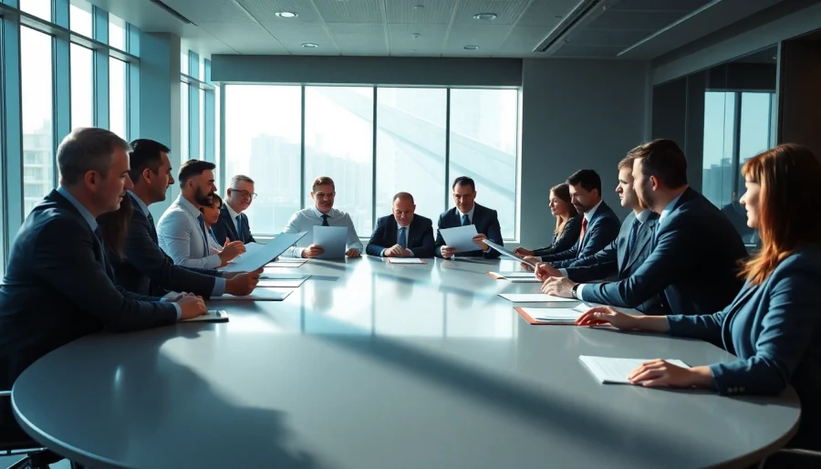 Engaged diplomats negotiating trade agreements in a bright conference room.